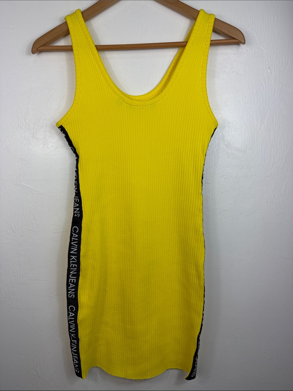 Calvin Klein Jeans Ribbed Neon Yellow Logo Side Tank Bodycon Dress S - Picture 3 of 8